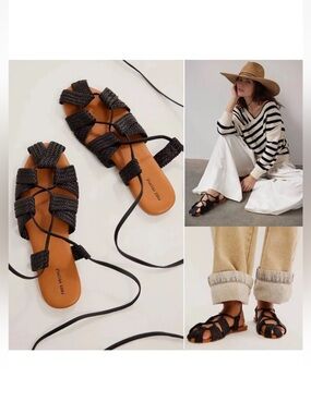 FREE PEOPLE Sunny Gilly Flats Wrap SANDALS Size 8.5 Black Woven Leather NEW